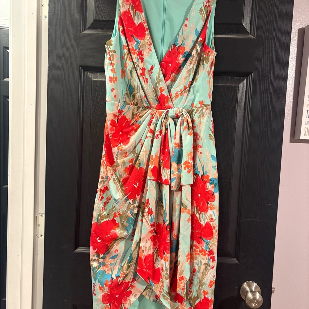 Badgley Mischka Red and Green Asymmetrical Sundress V-neck Dress